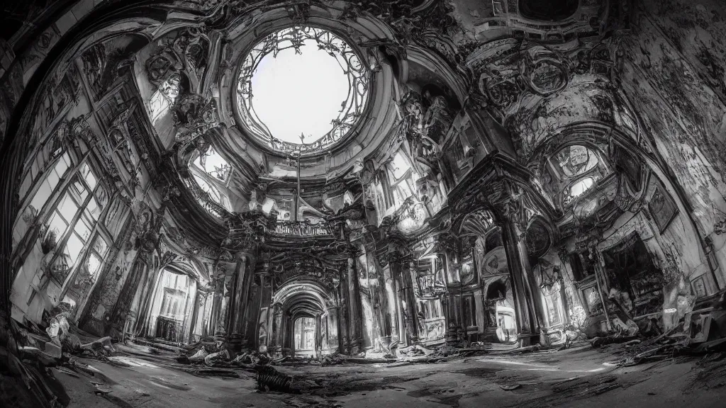 Image similar to victorian era architecture based city, abandoned, crawling with beasts, bloodborne, yarhnam, curved perspective, fisheye effect