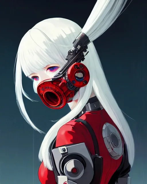 Image similar to white haired cyborg girl wearing a gas mask and red dress | | audrey plaza, warframe armor, fine detail!! anime!! realistic shaded lighting!! poster by ilya kuvshinov katsuhiro otomo ghost - in - the - shell, magali villeneuve, artgerm, jeremy lipkin and michael garmash and rob rey