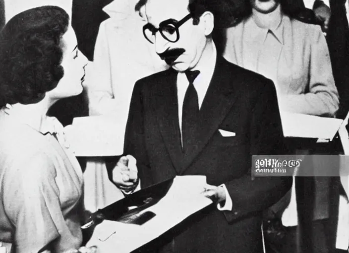 Prompt: groucho marx is sworn in as president of the usa, 1 9 4 0 s newspaper photograph