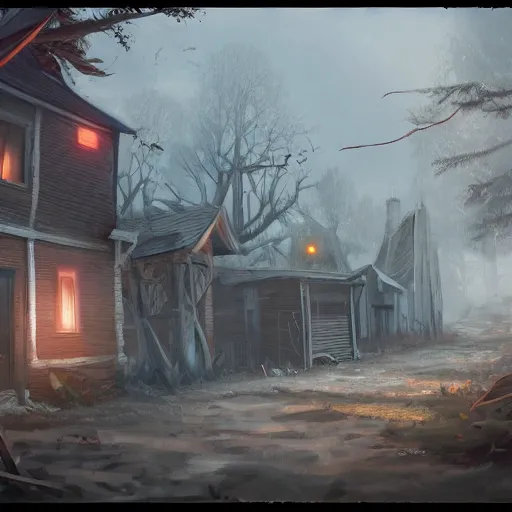 Image similar to this place is truly horrid and the atmosphere is stuffy the town lights are flickering and the place looks horrible, trending on artstation,