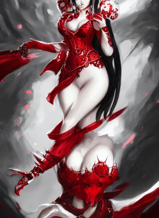 Image similar to a highly detailed illustration of beautiful long hime cut black hair white woman wearing a red battle dress, red eyes, dramatic smile pose, intricate, elegant, highly detailed, centered, digital painting, artstation, concept art, smooth, sharp focus, league of legends concept art, WLOP