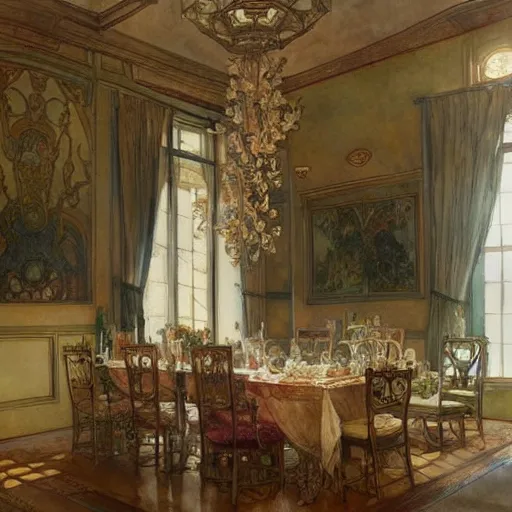 Image similar to a beautifull intricate watercolour painting of a dining room, reflexions, verry high details by william turner art, greg rutkowski and alphonse mucha, trending on artstation, very very detailed, masterpiece, muted colors