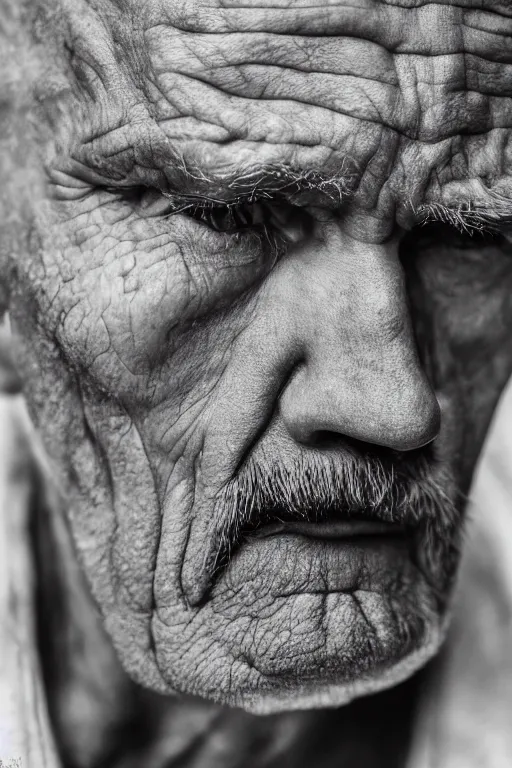 Image similar to a hyper realistic close up portrait of an old man with a solemn look and deep expression in his eyes, oil on canvas, highly detailed, strong lighting, cinematic, HD, 4K