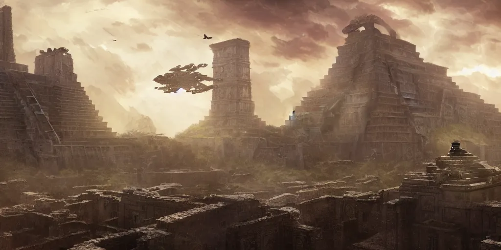 Image similar to A fierce Aztec warrior watches ominous alien spacecraft flying above the Aztec temple. Intense dramatic epic sci-fi cinematic concept artwork in the style of Jacek Pilarski and Greg rutkowski and Sylvain Lorgeou. Panoramic view. Trending on artstation