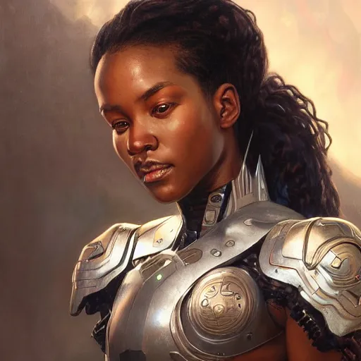 Prompt: portrait painting of a muscular black girl with futuristic armor, ultra realistic, concept art, intricate details, eerie, highly detailed, photorealistic, octane render, 8 k, unreal engine. art by artgerm and greg rutkowski and alphonse mucha