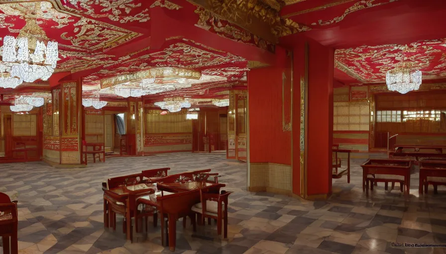 Image similar to 2010s movie still of empty north-korean royal restaurant palace, Leica SL2 50mm, high quality, higly detailed