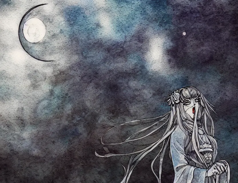 Image similar to moon priestess. color ink wash by award - winning mangaka, chiaroscuro, bokeh, backlighting, field of depth