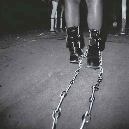 Image similar to 1 9 9 3, disposable camera, flash, suburbia street, cenobites walking, chains, leather, nails