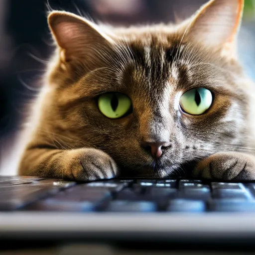 Image similar to cat working at a computer, photo, 8k.