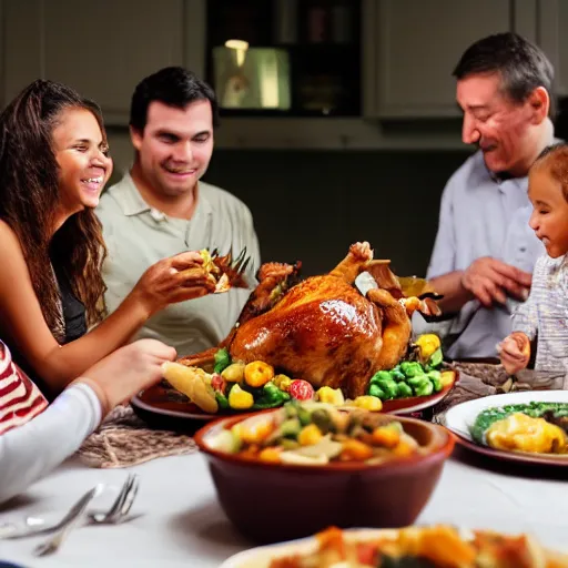 Prompt: a family sitting at a table eating thanksgiving dinner, the turkey is a monkey