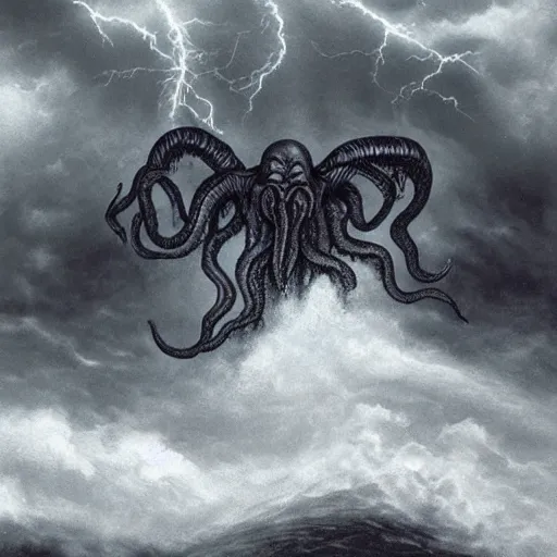Prompt: cthulhu rising above the ocean and spreading its demonic wings, ominous, dark clouds, storm, lightning seen on the background, lovecraft