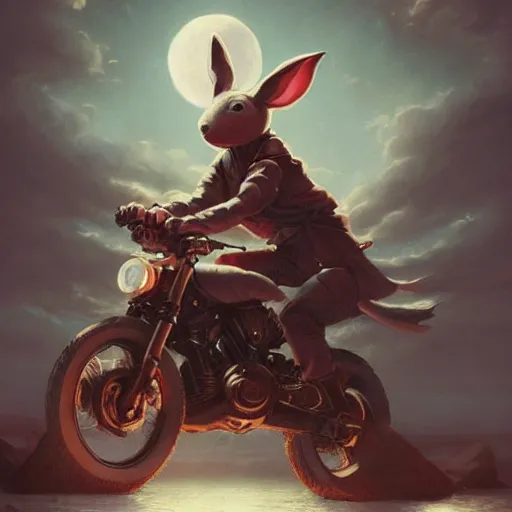 Image similar to bunny wearing a leather jacket riding a motorbike during sakura season on a blood moon, by peter mohrbacher, james jean, wlop, greg rutkowski, rule of thirds, dynamic pose, action pose, beautiful landscape