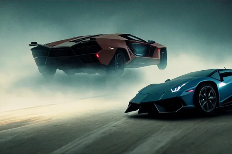 Image similar to A cinematic film still of a Lamborghini in the movie Blade Runner 2049.