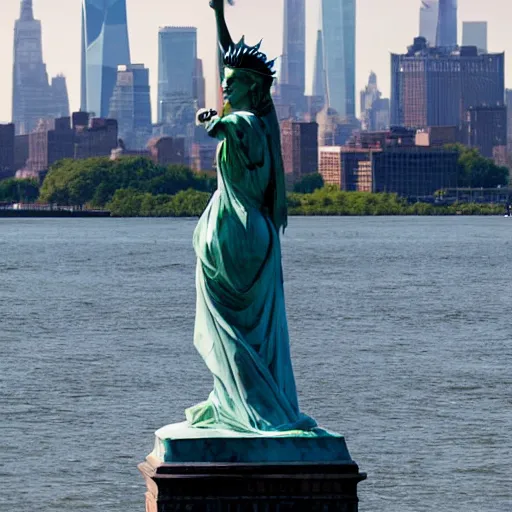 Prompt: a statue of beyoncé on liberty island, new york city in the background