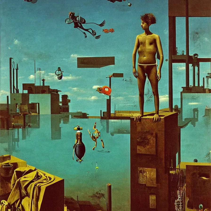 Prompt: a portrait of a solitary scuba divers is standing in a small wading pool. ; factory in the background. the sky is cloudless. surrealist detailed oil painting, max ernst