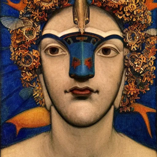 Image similar to head of a beautiful boy wearing a mask made of metal flowers, by annie swynnerton and nicholas roerich and jean delville and john watkiss, art deco shaman, stylized geometric flowers, art brut, symbolist, dramatic lighting, god rays, iridescent beetles, clean crisp graphics, smooth sharp focus, extremely detailed, adolf wolfli