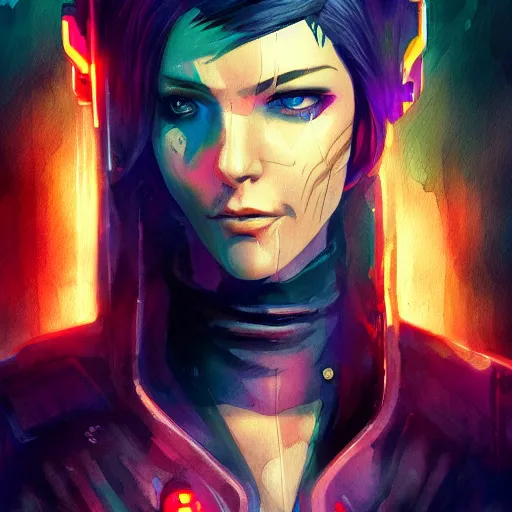 Prompt: cyberpunk character portrait in the style of thomas river and artgerm, lean face, cinematic lighting, sci - fi background, watercolor, low detail