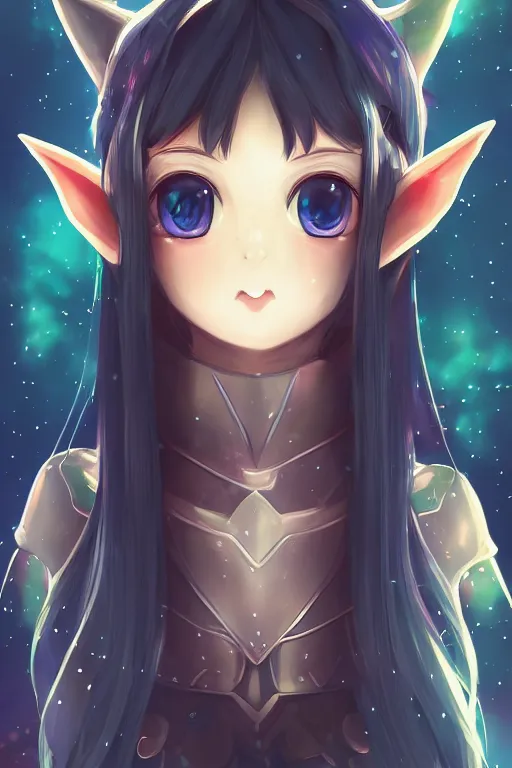 Image similar to adorable young cute anime elf girl, long black hair, fantasy armor, symmetrical face. symmetrical detailed defined eyes. beautiful lineart. bokeh pixiv # 1 ranking depth focus, chromatic aberration, noise, soft lighting, srgb, 4 k, cinematic