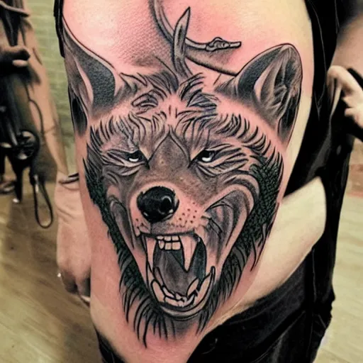 Prompt: full sleeve! tattoo design! of clan of hyenas running down savannah chasing prey