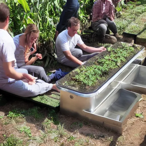 Image similar to humans on the floor eating out of a trough in an organic plant - based moonbase