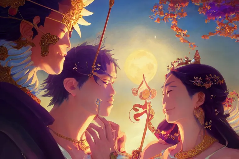 Image similar to close up moment of a divine a japan sun god and a moon goddess lovers magician at a wedding banquet, highly detailed, d & d, fantasy, 4 k realistic, digital painting, trending on artstation, concept art, sharp focus, illustration, art by makoto shinkai and akihiko yoshida and daniel gerhartz