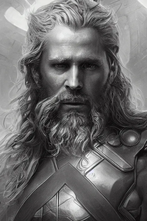 Image similar to realistic portrait beautiful concept art of avengers movie scene when thor mutate into odin. horror, created by gustave dore and greg rutkowski, high detailed, smooth draw, synthwave neon retro, intricate, realistic proportions, dramatic lighting, trending on artstation.