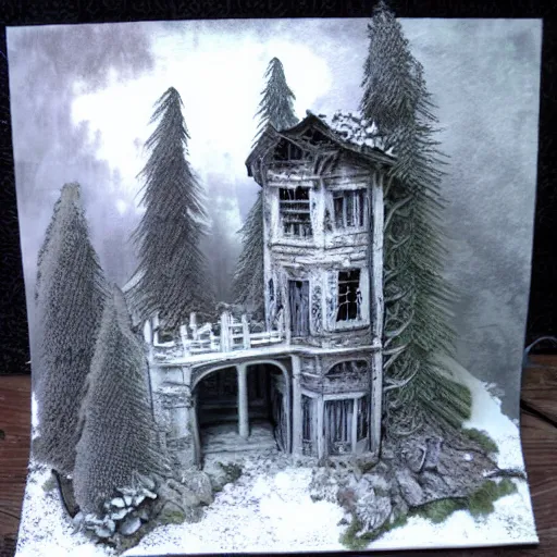 Image similar to hell horror highly detailed fog house forest