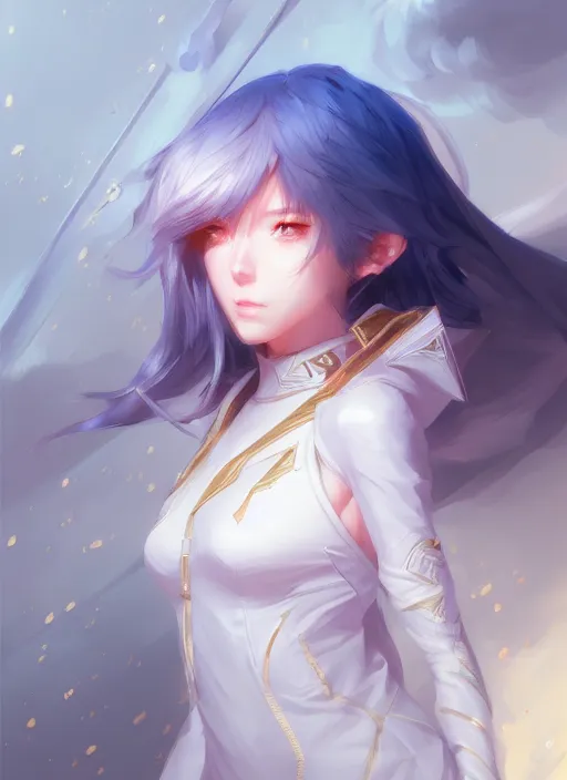 Image similar to lol ashe, wide angle view, white, black, blue, pink, gold, highly detailed, artgerm, cushart krenz, zeronis, sakimichan, trending on artstation, soft light, sharp edges, illustration, character design, concept art