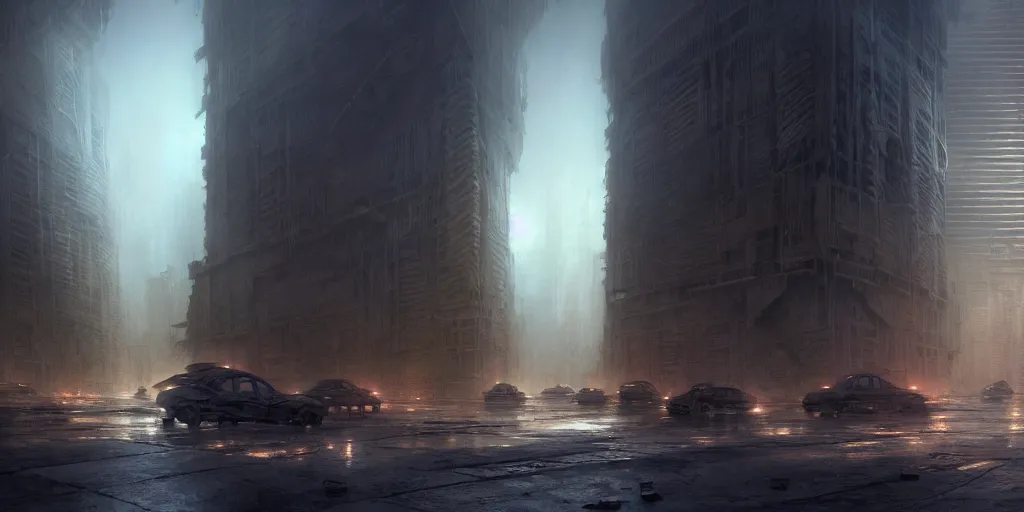 Image similar to an abandoned dystopian city, by federico pelat and craig mullins, parametric architecture, by michael weisheim beresin and james paick and stephan martiniere, concept art, hyperrealism, 8 k resolution, octane render, cinematic, ominous, intricate details, volumetric lighting, misty