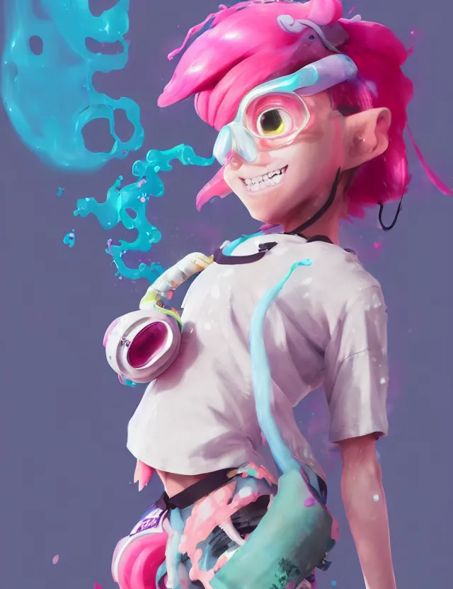Prompt: a beautiful portrait of a cute splatoon anime male with pink hair wearing tshirt and leggings. no - glasses. character design by cory loftis, fenghua zhong, ryohei hase, ismail inceoglu and ruan jia. artstation, volumetric light, detailed, photorealistic, fantasy, rendered in octane
