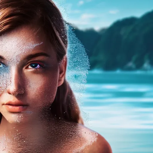 Image similar to water artwork manipulation in the shape of a human head, on the ocean water, beautiful woman, ray tracing, realistic water sharp focus, long shot, 8 k resolution, cinematic, surreal water art