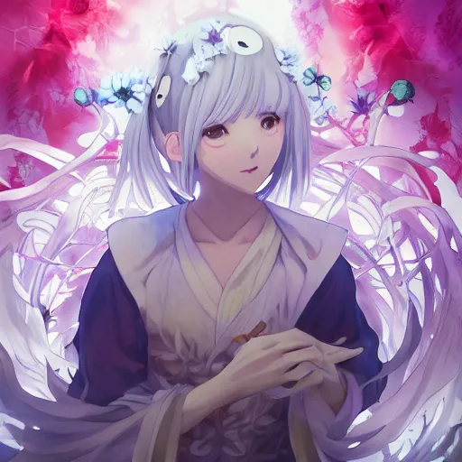 Prompt: portrait of the ghost in a flower, anime fantasy illustration by tomoyuki yamasaki, kyoto studio, madhouse, ufotable, square enix, trending on artstation