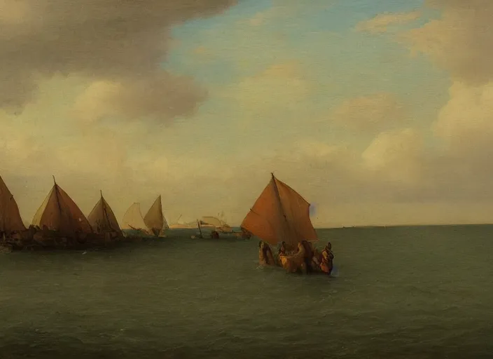 Prompt: waddenzee, the netherlands as the background in the style of hudson river school of art, oil on canvas