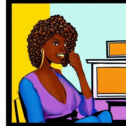 Prompt: a black woman watching television, digital art