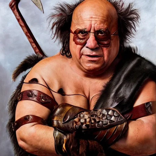 Prompt: danny devito as angry barbarian warrior, full body, holding club, frank reynolds, legendary warrior, leather straps, tattoos, piercings, fur and leather armor, beautiful, sharp detail, photo realism, robin eley, oil painting, fantasy