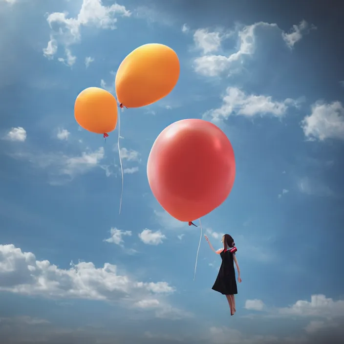 Prompt: a woman with a [ balloon for a head ], floating into the sky, [ 4 k digital art ]!!, [ trending on cgsociety ]!!, cgsociety contest winner, 4 k quality