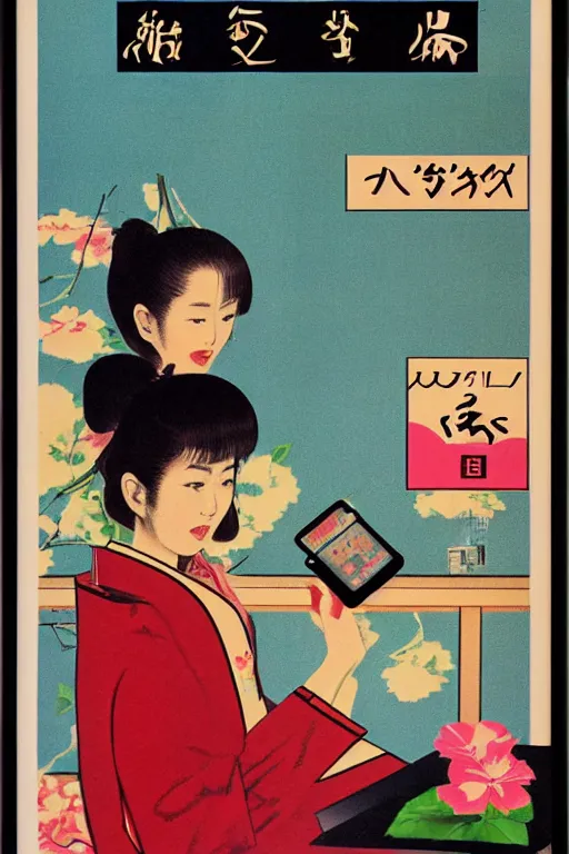 Prompt: cell phone advertisment, still life, 1 9 7 0 s japan shouwa advertisement, print, nostalgic