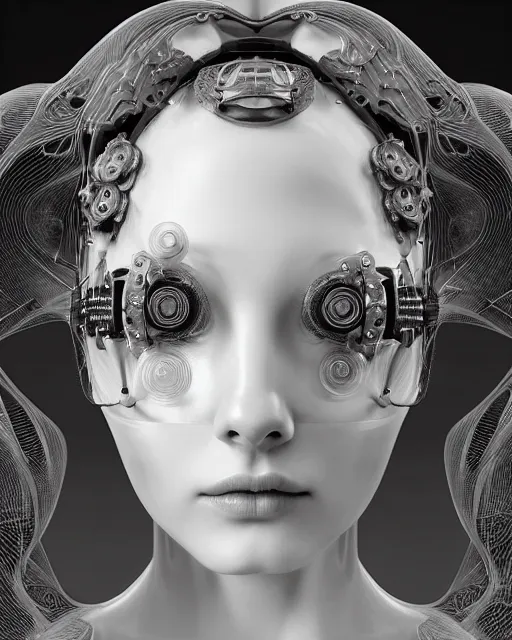Prompt: mythical dreamy black and white organic translucent bio-mechanical spinal ribbed profile face portrait detail of mechanical beautiful female angelic-vegetal-cyborg, highly detailed, intricate steampunk ornate, poetic, 3D render, digital art, octane render, 8K artistic photography, photo-realistic, by Dora Maar