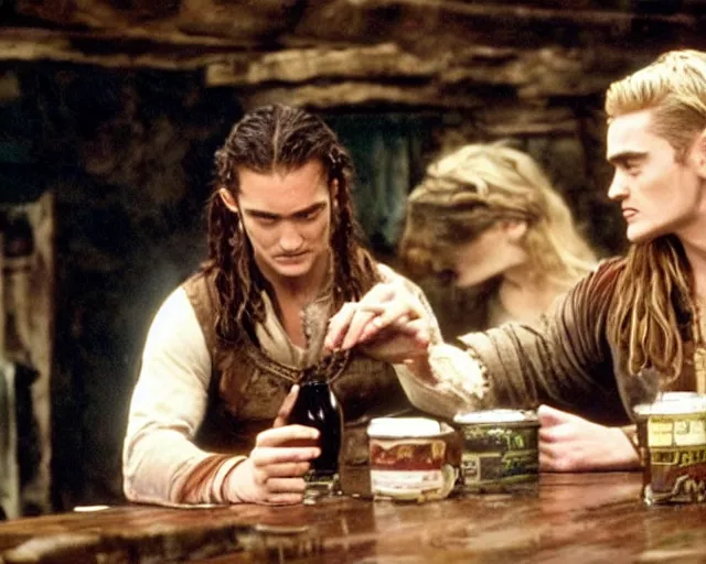 Image similar to Will Turner and Legolas drinking cola in the pub, film still, high detail