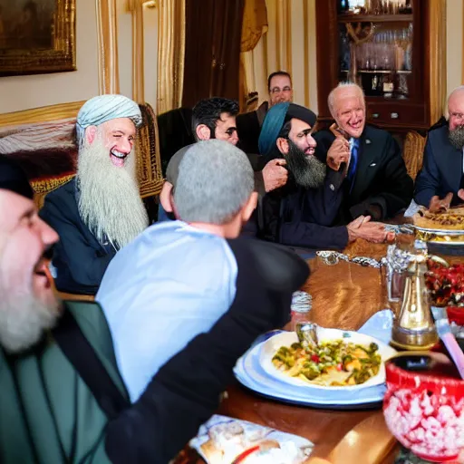 Image similar to 4 k hdr portrait wide angle photo of president joe biden laughing at a dinner table meeting surrounded by taliban terrorist leaders