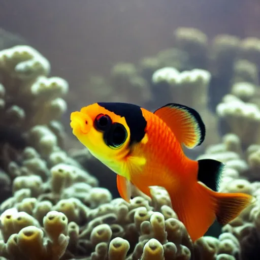 Image similar to “photograph of a ranchu goldfish with a mustache wearing a top hat and a monocle, holding a staff by its fin, hd, high res, high quality, sharp focus, 8k”