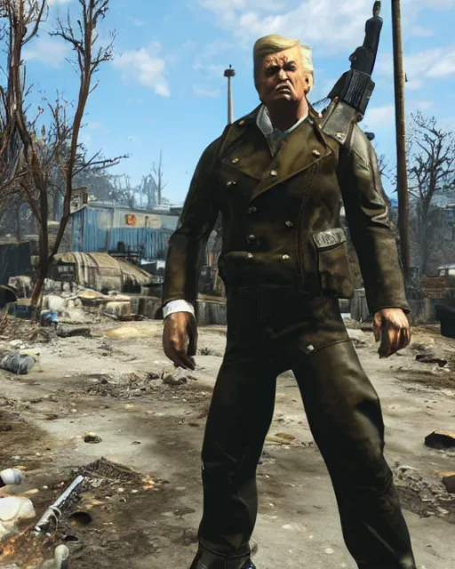 Prompt: Trump in Fallout 4, gameplay screenshot, close shot