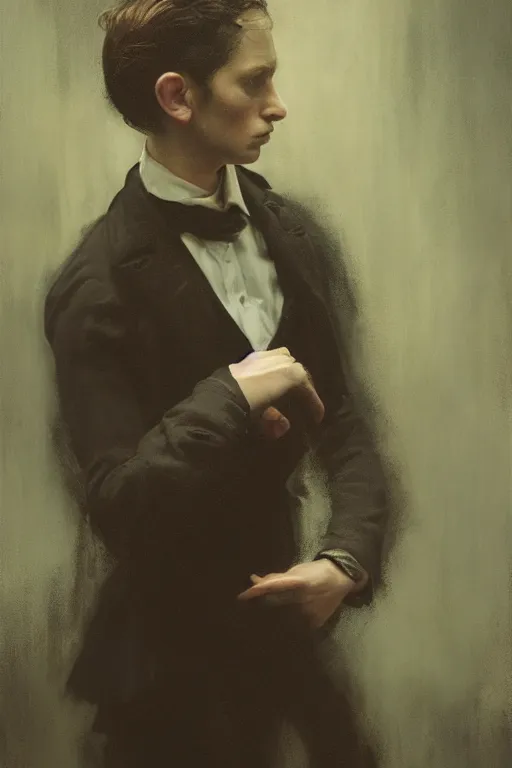 Image similar to detailed cinematic moody colors studio portrait of a young victorian gentleman being controled like a puppet, creepy possesed evil vibe, high quality by jeremy mann, only one head single portrait