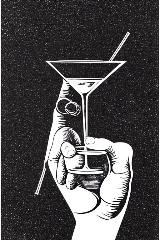 Image similar to an old mans hand holding a martini, bold line art, by vincent di fate inking, etching, screen print, masterpiece, sharp, high contrast, hyper - detailed, hd, 4 k, 8 k