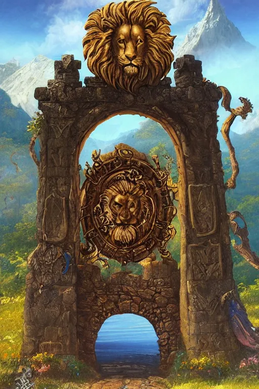 Image similar to A giant medieval fantasy energy portal gate with a rusty gold carved lion face with blue glowing eyes at the center of the gate, the portal takes you to another world, full of colorful flowers on the lost Vibes and mountains in the background, spring, delicate fog, sea breeze rises in the air, by andreas rocha and john howe, and Martin Johnson Heade, featured on artstation, featured on behance, golden ratio, ultrawide angle, f32, well composed, rule of thirds, center spotlight, low angle view