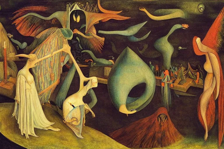 Prompt: the wake of the unseen object,by Leonora Carrington and William Dyce and ford madox brown, symbolist, dramatic lighting, elaborate geometric ornament, cool blue and green colors, Art Brut, smooth, sharp focus, extremely detailed