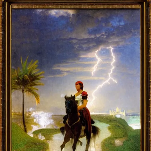 Image similar to Girl riding a horse leaving the castle through the bridge, thunderstorm, beach and palm trees on the background major arcana sky, by paul delaroche, alphonse mucha and arnold böcklin arnold böcklin hyperrealistic 8k, very detailed