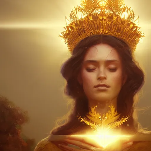 Prompt: a beautiful portrait of a sun goddess with a golden crown, sunlight beams, god rays, volumetric lighting, detailed, greg rutkowski, 8 k