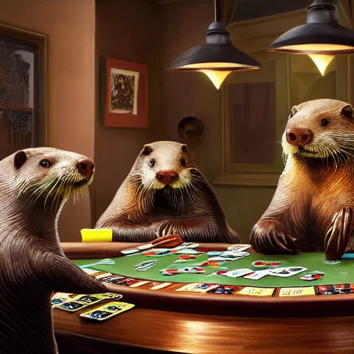 Image similar to otters playing poker, hyper detailed, dramatic lighting, cgsociety, realistic, hyper detailed, insane details, intricate, dramatic lighting, hypermaximalist, golden ratio, rule of thirds, octane render, weta digital, micro details, ultra wide angle, artstation trending, 8 k,