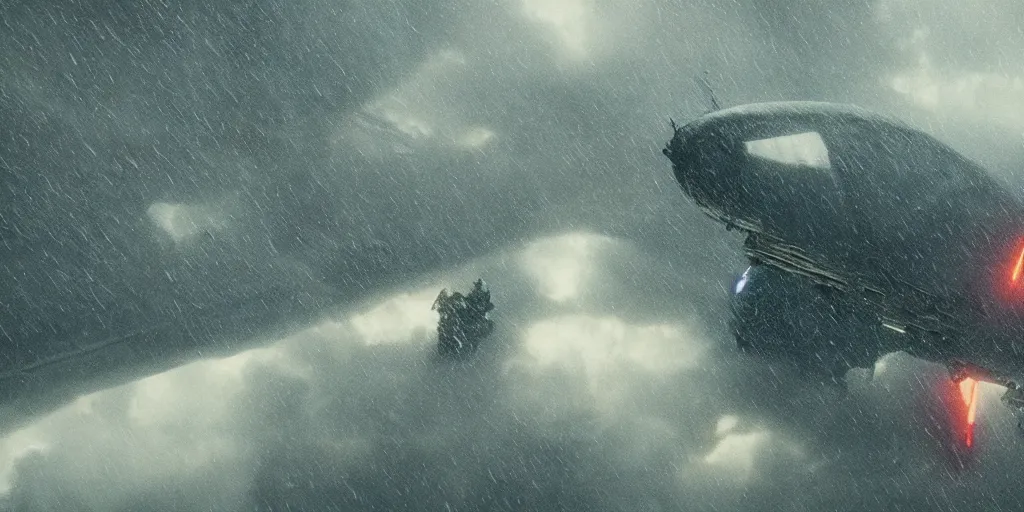 Prompt: screenshot from a renaissance airship cyberpunk cinematic masterpiece, hurricane tornado rain mist hail debris flying, fps, cinematography, photo, photography, 4 k, by greg rutkowski, roger deakins